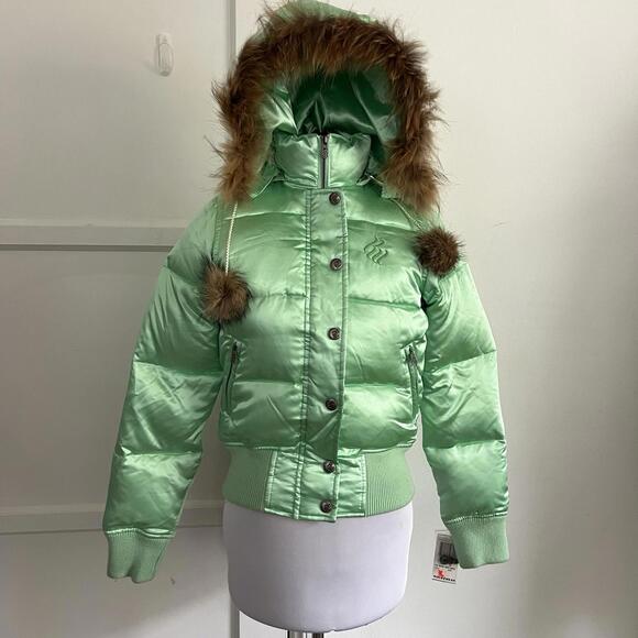 NWT Vintage ROCAWEAR Puffer Jacket Womens XS Y2K Mint Green Fur Hood Pom Pom New